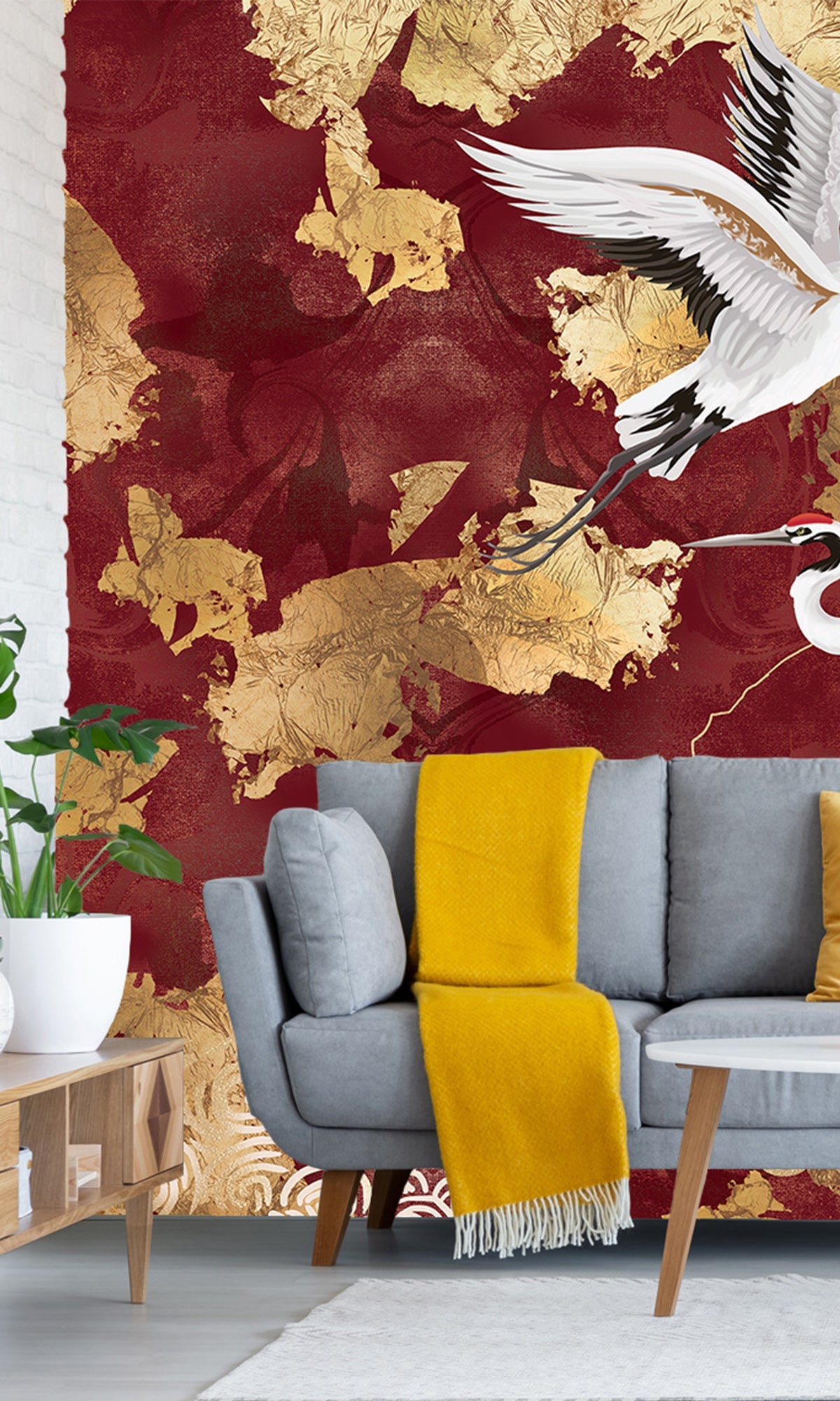 Red Crane on Abstract Clouds Murals MN1725