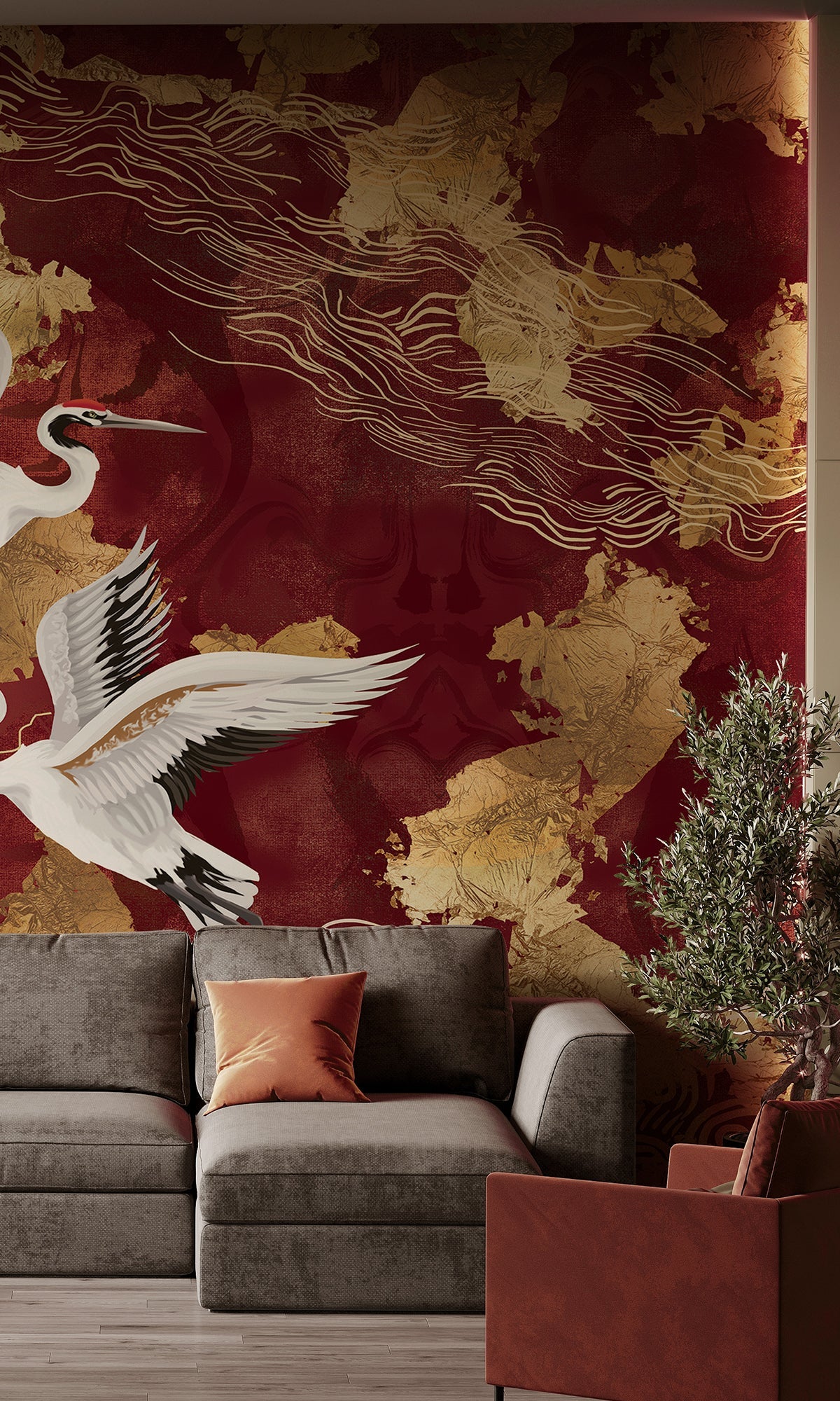 Red Crane on Abstract Clouds Murals MN1725