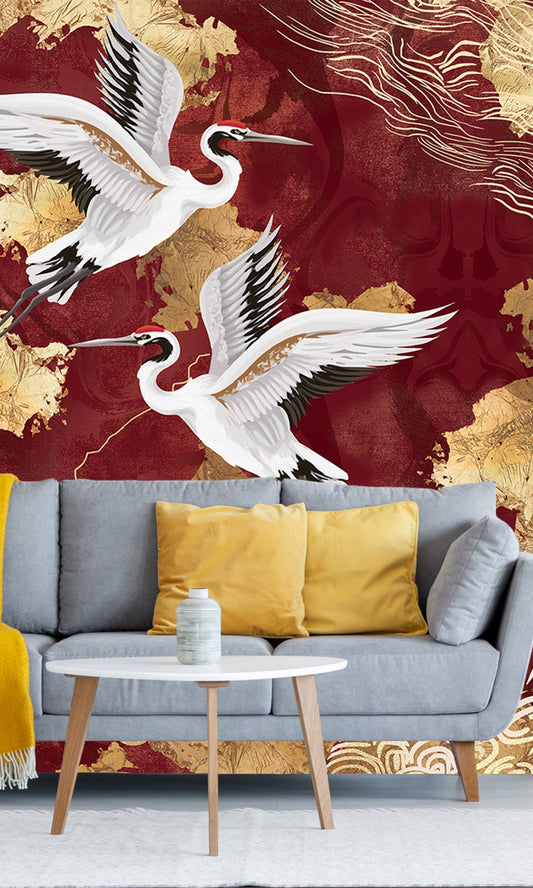 Red Crane on Abstract Clouds Murals MN1725