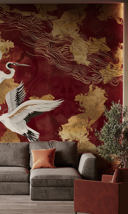 Red Crane on Abstract Clouds Murals MN1725
