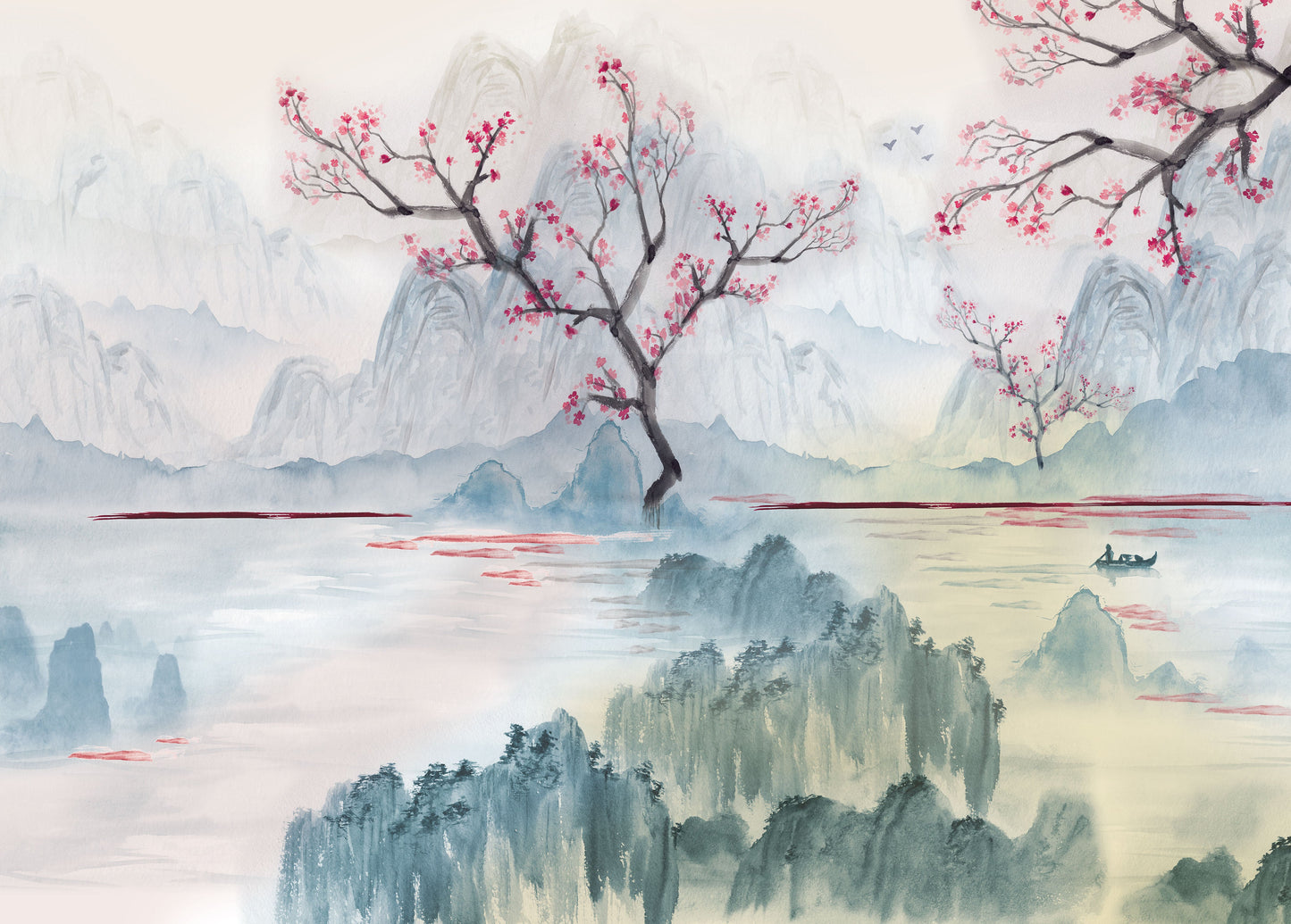 Pink Cherry Blossoms in the Lake Murals MA1729