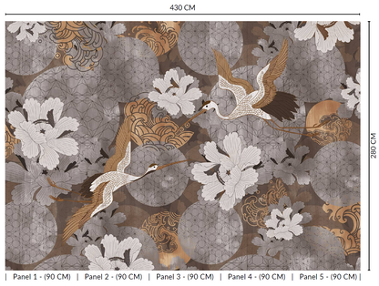Gold Japanese Cranes in Flight Murals MV1070