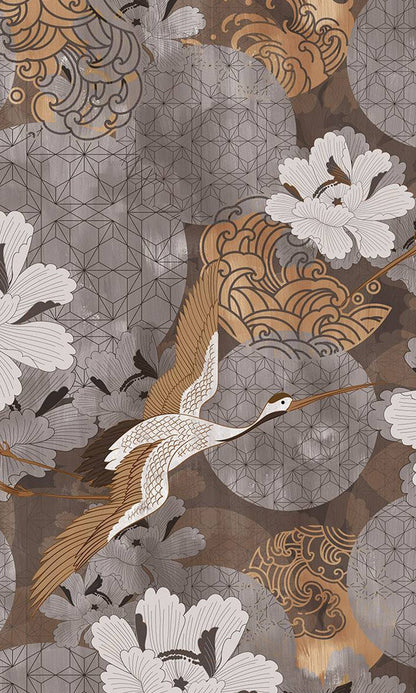 Gold Japanese Cranes in Flight Murals MV1070