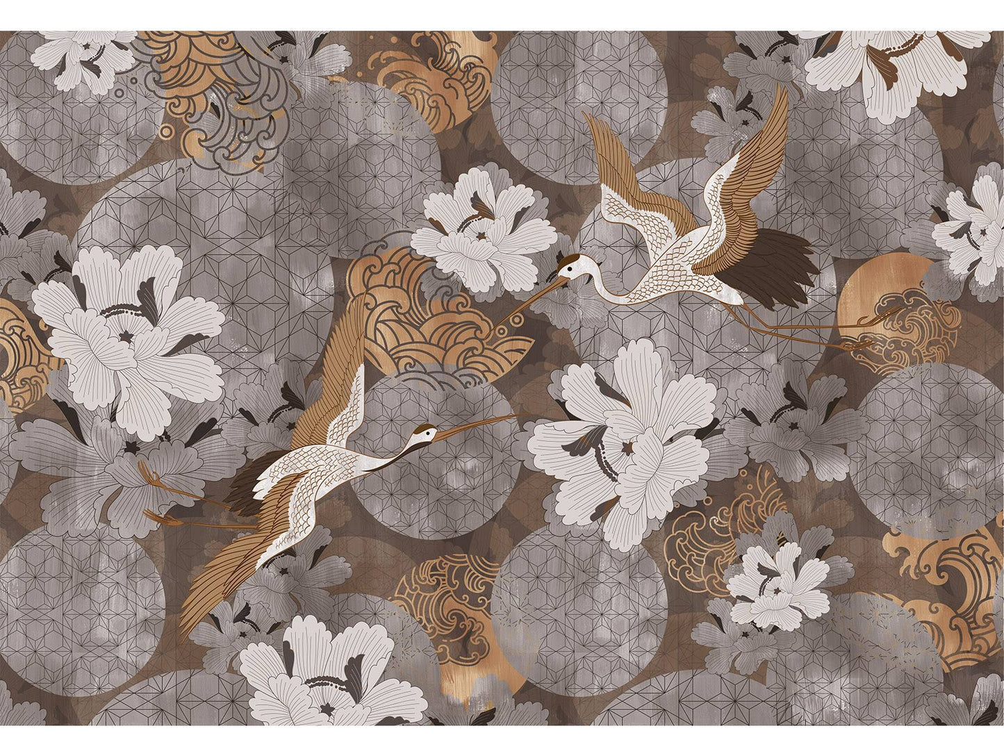 Gold Japanese Cranes in Flight Murals MV1070