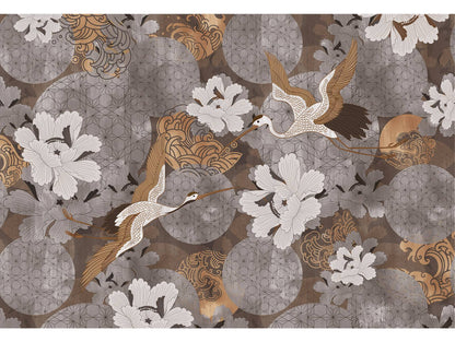 Gold Japanese Cranes in Flight Murals MV1070