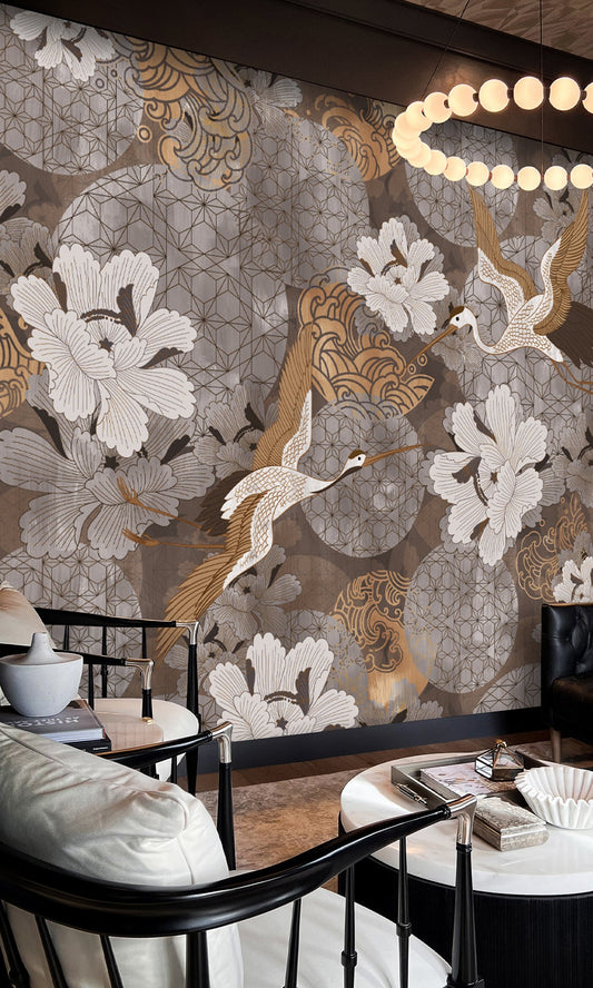Gold Japanese Cranes in Flight Murals MV1070