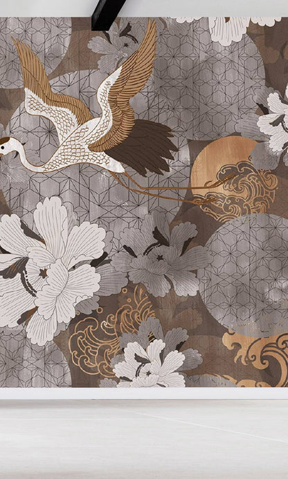 Gold Japanese Cranes in Flight Murals MV1070