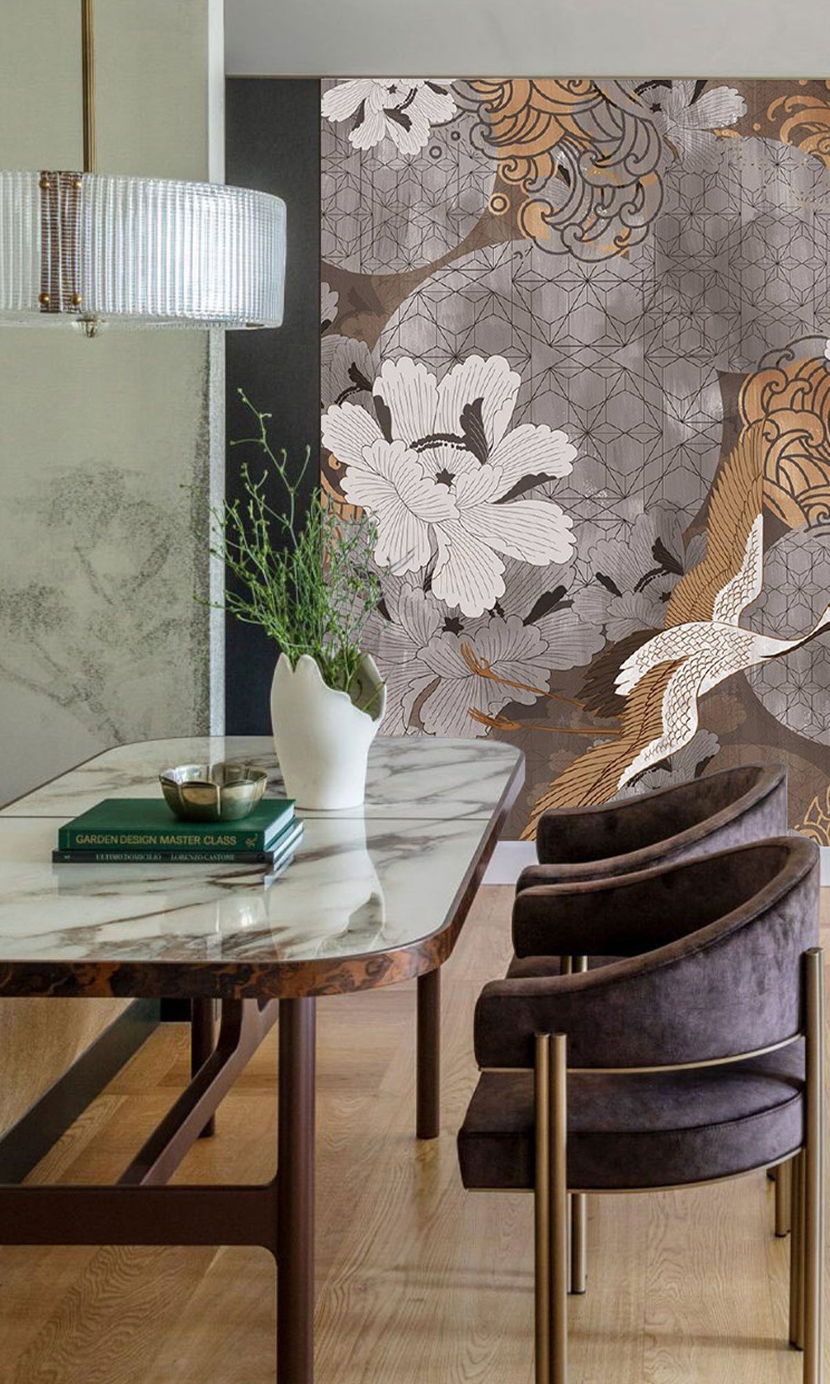 Gold Japanese Cranes in Flight Murals MV1070