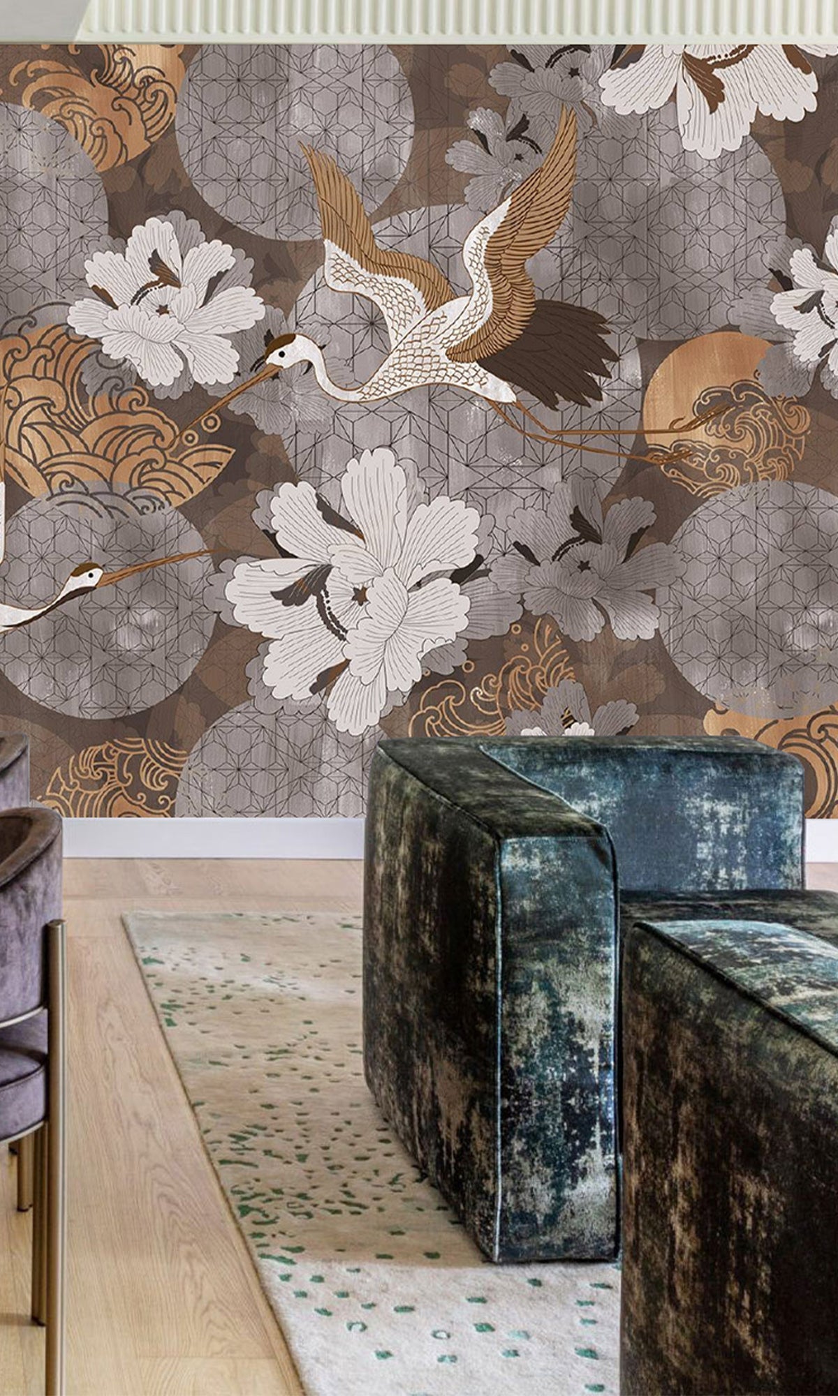 Gold Japanese Cranes in Flight Murals MV1070